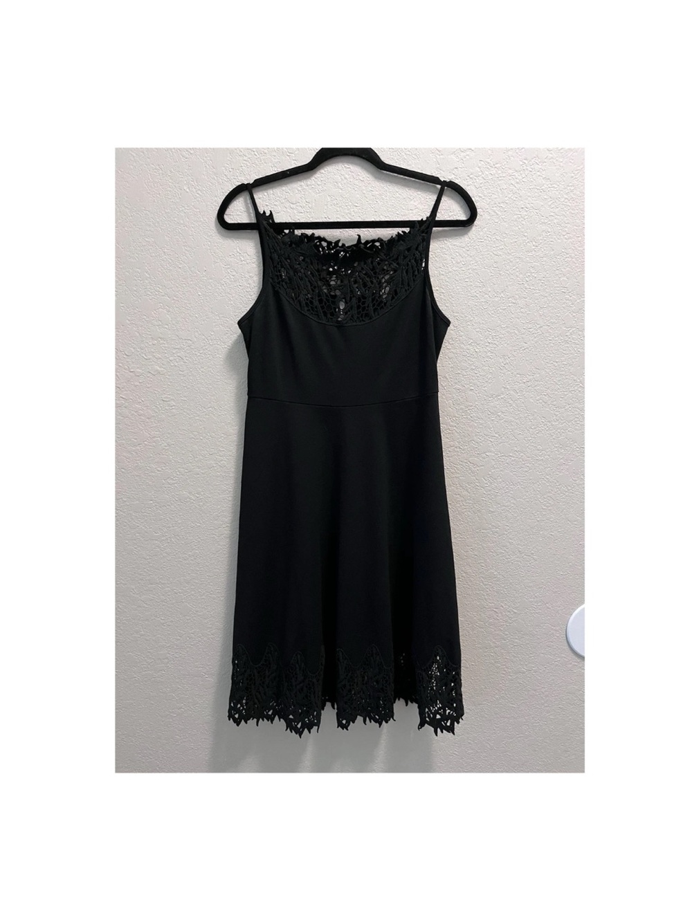 Free People Black A-Line Dress Sleeveless Square Neck Lace Trim Short M